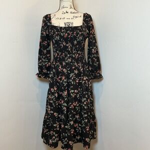 Socialite Floral Smocked Tiered Midi Dress Black Peach Long Sleeve Size M